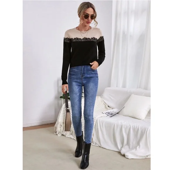 Lace Detail Black Beige Crew Neck Knit Long Sleeve Sweater Pullover - Picture 4 of 7